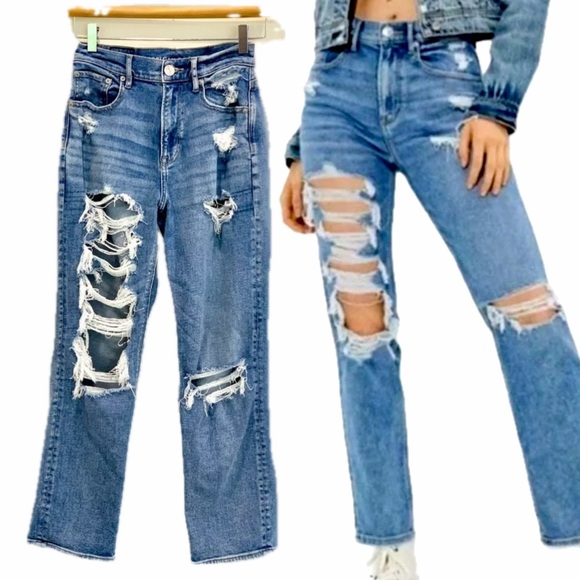 American Eagle Boyfriend Jeans Womens Size 2 Highest Rise 90s Destroyed Straight - Picture 1 of 11